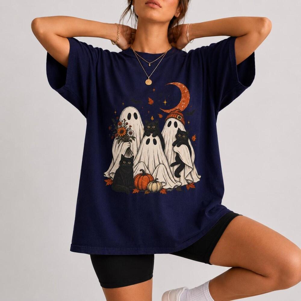 Autumn Ghost T-Shirt, Halloween Ghost & Black Cat Shirt, Fall Pumpkin S Tee